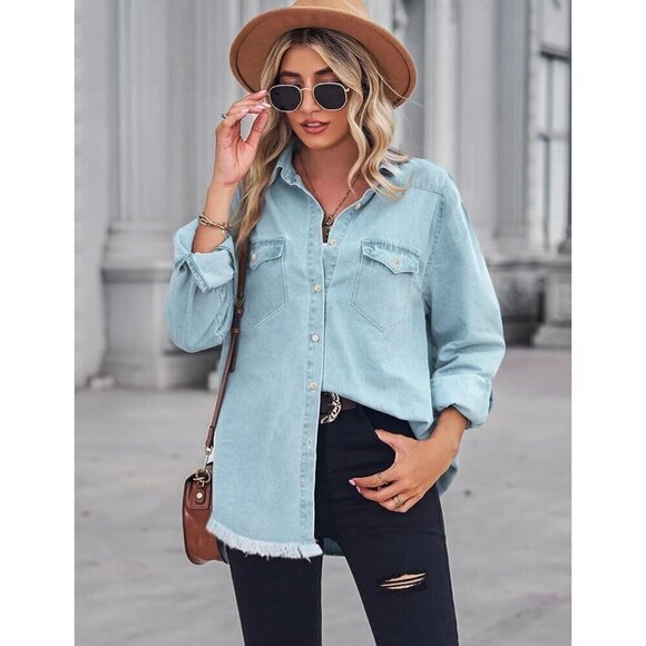 Women Chambray Collared Long Sleeve Pocket Button Down Jean Shirts - Picture 2 of 5